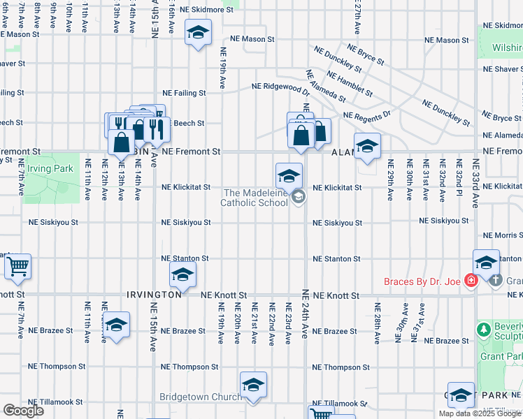map of restaurants, bars, coffee shops, grocery stores, and more near 3205 Northeast 21st Avenue in Portland