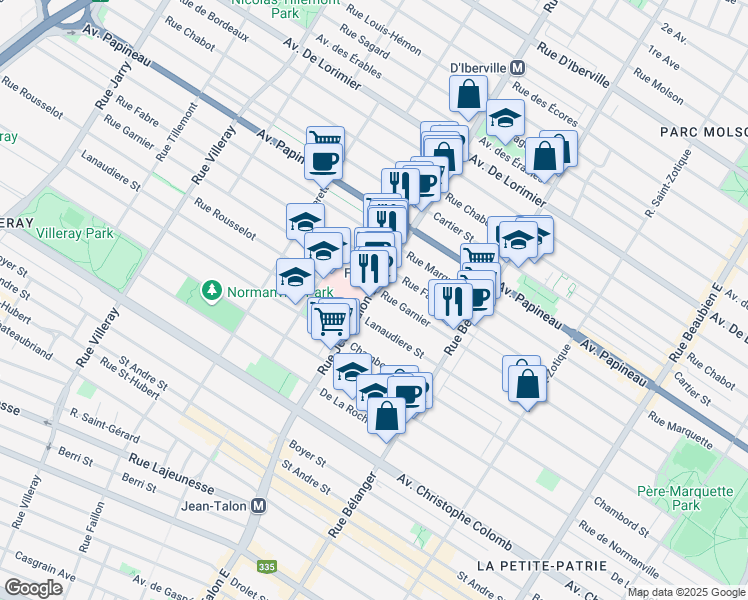 map of restaurants, bars, coffee shops, grocery stores, and more near 1384 Rue Jean-Talon Est in Montréal