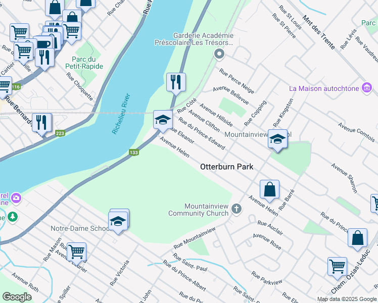map of restaurants, bars, coffee shops, grocery stores, and more near 75 Rue Helen in Otterburn Park
