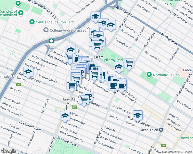 map of restaurants, bars, coffee shops, grocery stores, and more near 7945 Rue Saint-Hubert in Montréal