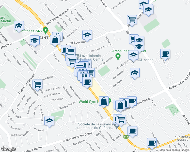 map of restaurants, bars, coffee shops, grocery stores, and more near 1157 Rue Vincent-Massey in Laval