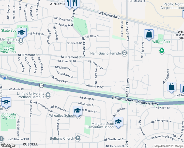 map of restaurants, bars, coffee shops, grocery stores, and more near 3145 Northeast 142nd Avenue in Portland