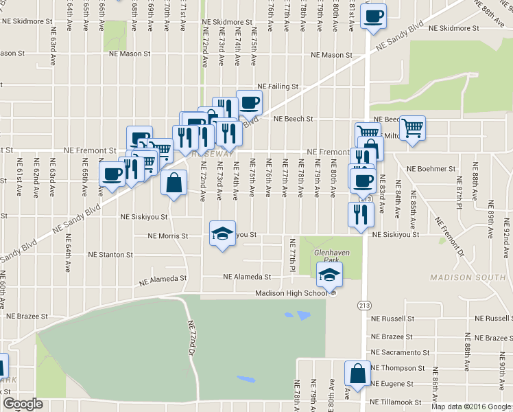 map of restaurants, bars, coffee shops, grocery stores, and more near 3241 Northeast 75th Avenue in Portland