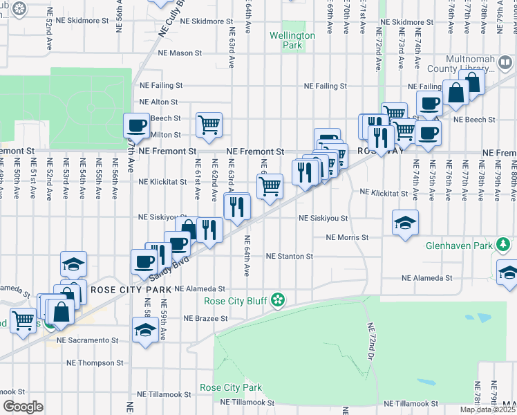 map of restaurants, bars, coffee shops, grocery stores, and more near 3139 Northeast 65th Avenue in Portland