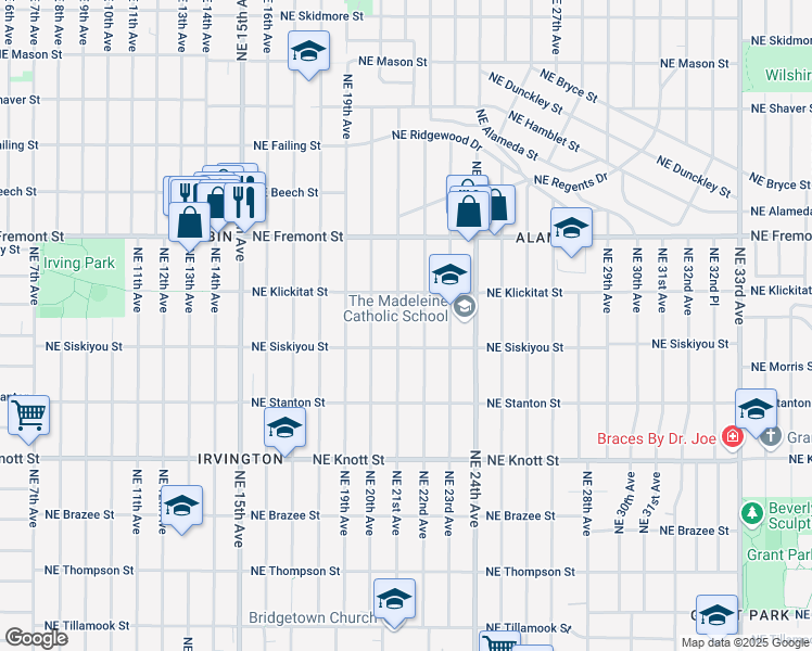 map of restaurants, bars, coffee shops, grocery stores, and more near 3205 Northeast 21st Avenue in Portland