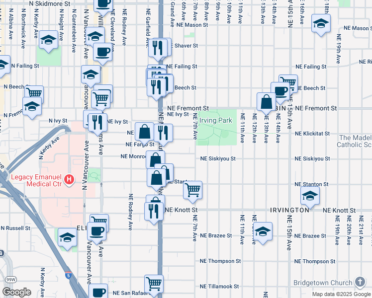 map of restaurants, bars, coffee shops, grocery stores, and more near 550 Northeast Fargo Street in Portland