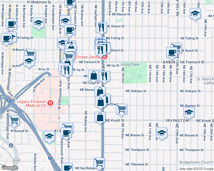 map of restaurants, bars, coffee shops, grocery stores, and more near 430 Northeast Fargo Street in Portland