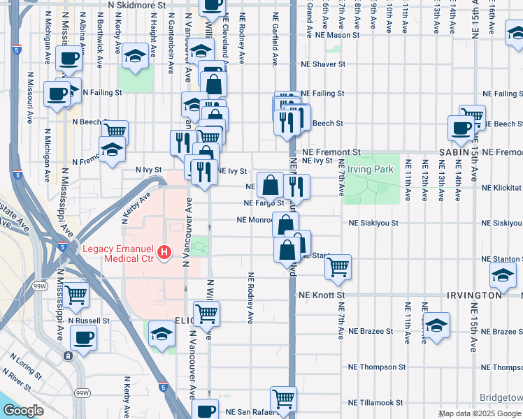map of restaurants, bars, coffee shops, grocery stores, and more near 102 Northeast Fargo Street in Portland