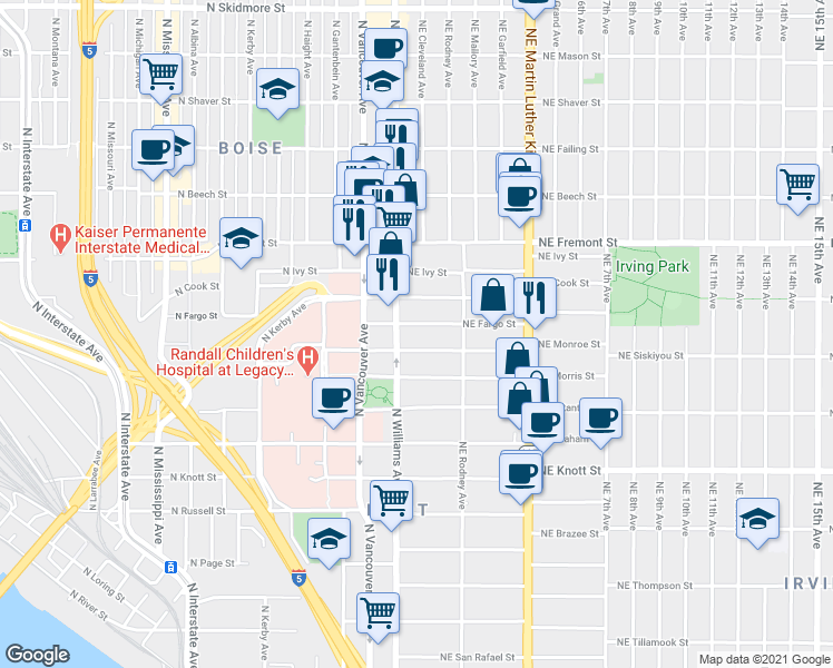 map of restaurants, bars, coffee shops, grocery stores, and more near 40 Northeast Fargo Street in Portland