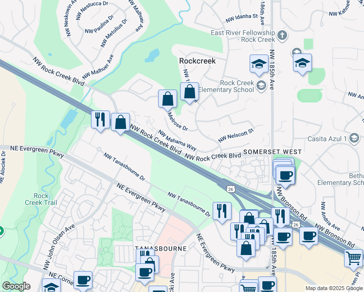 map of restaurants, bars, coffee shops, grocery stores, and more near 19233 Northwest Mahama Way in Portland