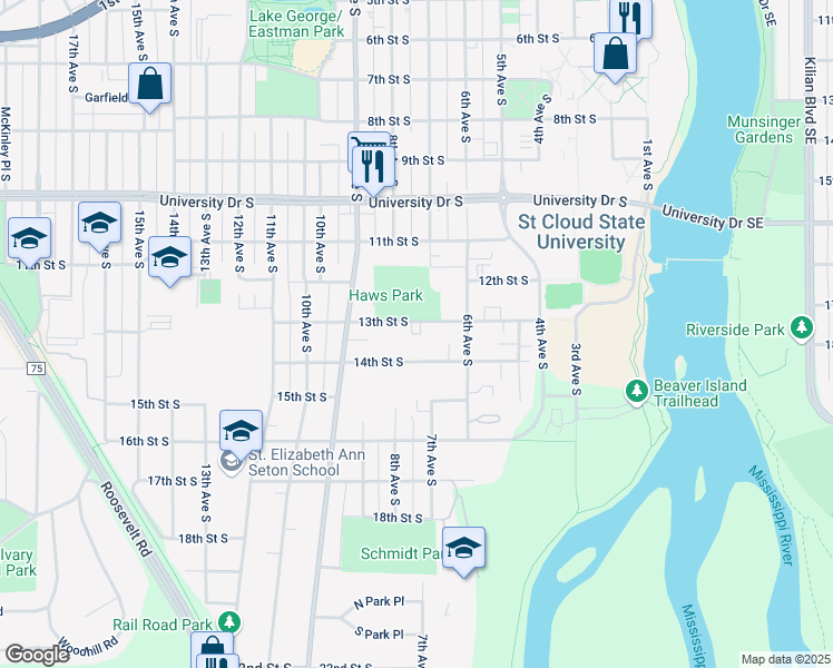 map of restaurants, bars, coffee shops, grocery stores, and more near 710 13th Street South in St. Cloud