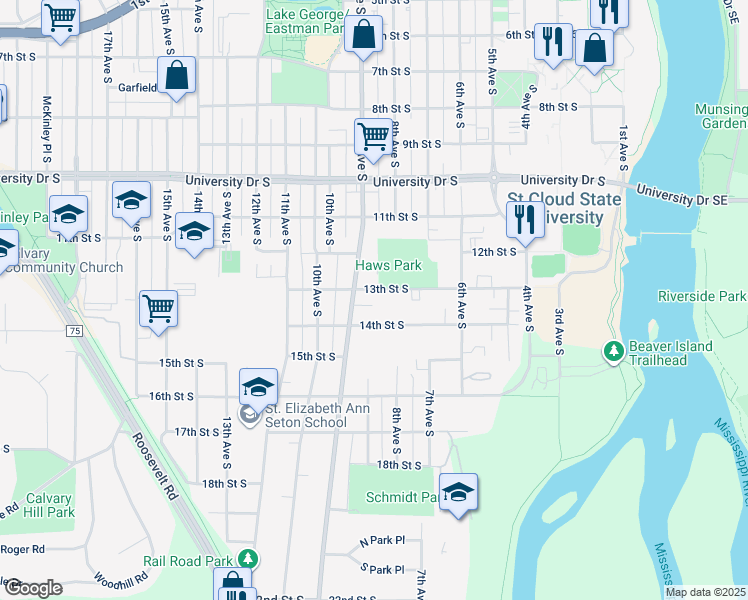 map of restaurants, bars, coffee shops, grocery stores, and more near 830 13th Street South in St. Cloud