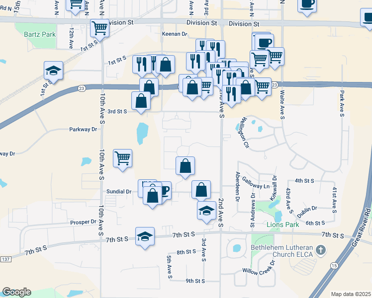 map of restaurants, bars, coffee shops, grocery stores, and more near 408 Park Meadows Drive in Waite Park