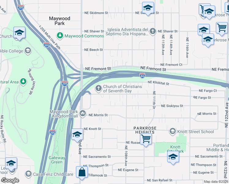 map of restaurants, bars, coffee shops, grocery stores, and more near 10635 Northeast Fargo Street in Portland