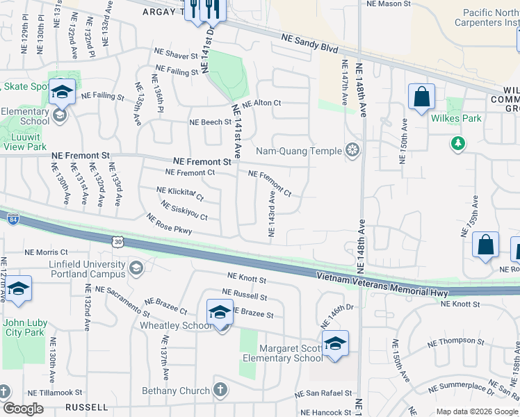 map of restaurants, bars, coffee shops, grocery stores, and more near 3130 Northeast 142nd Avenue in Portland