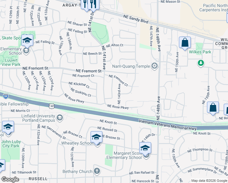 map of restaurants, bars, coffee shops, grocery stores, and more near 3145 Northeast 142nd Avenue in Portland