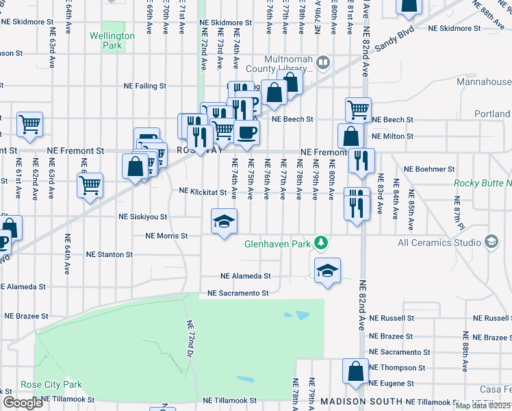map of restaurants, bars, coffee shops, grocery stores, and more near 3241 Northeast 75th Avenue in Portland