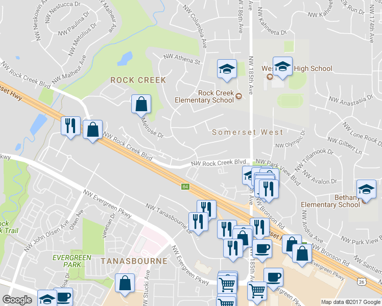 map of restaurants, bars, coffee shops, grocery stores, and more near 3635 Northwest Columbia Avenue in Portland