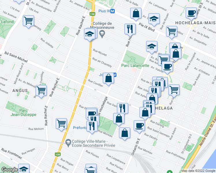 map of restaurants, bars, coffee shops, grocery stores, and more near 3463 Rue Hochelaga in Montréal