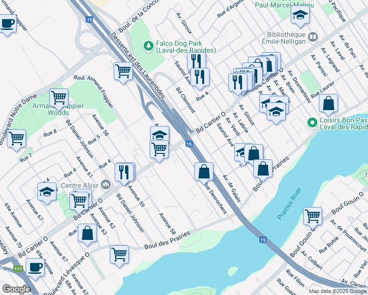 map of restaurants, bars, coffee shops, grocery stores, and more near 149 Rue Desrochers in Laval