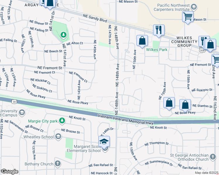map of restaurants, bars, coffee shops, grocery stores, and more near 3141 Northeast 148th Avenue in Portland