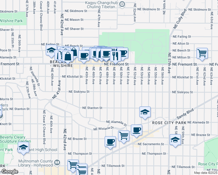 map of restaurants, bars, coffee shops, grocery stores, and more near 3124 Northeast 48th Avenue in Portland