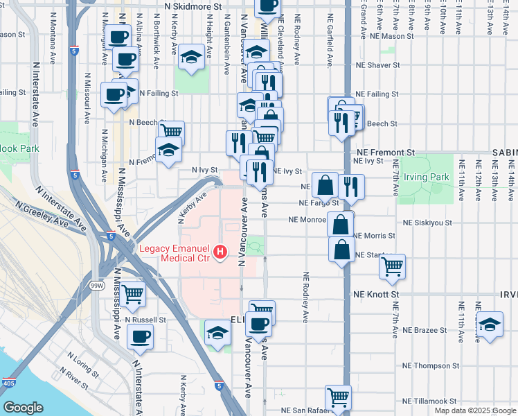 map of restaurants, bars, coffee shops, grocery stores, and more near 3155 North Williams Avenue in Portland