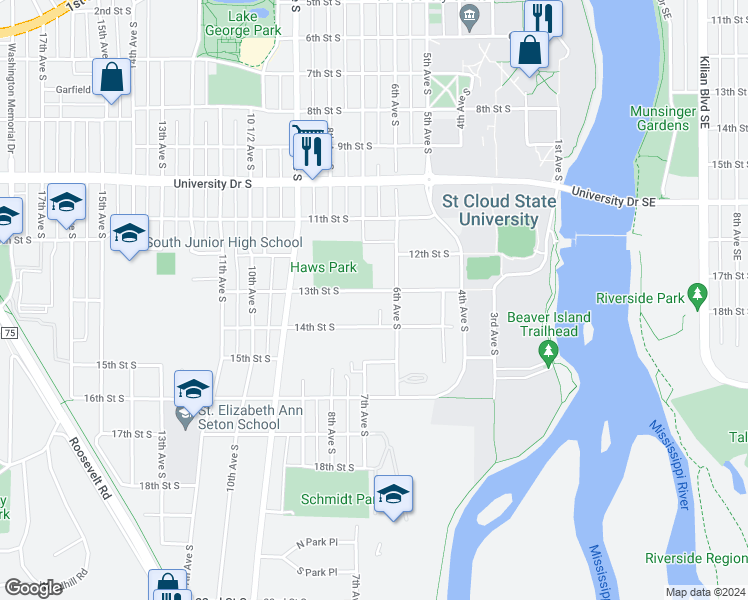 map of restaurants, bars, coffee shops, grocery stores, and more near 624 13th Street South in St. Cloud