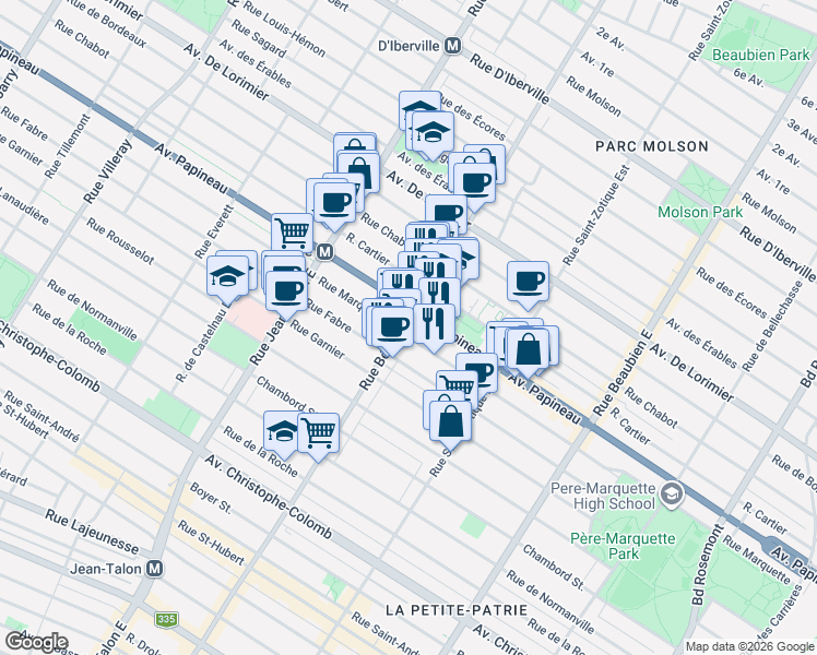 map of restaurants, bars, coffee shops, grocery stores, and more near 1672 Rue Bélanger in Montréal