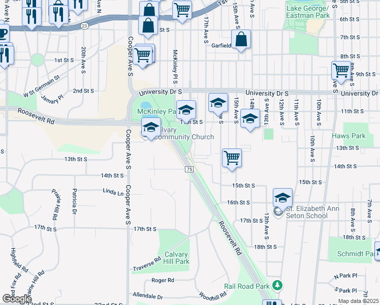 map of restaurants, bars, coffee shops, grocery stores, and more near 1400 Washington Memorial Drive in St. Cloud