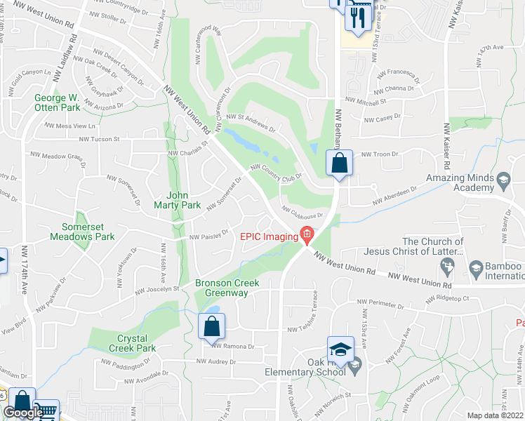 map of restaurants, bars, coffee shops, grocery stores, and more near 16005 Northwest Harriet Court in Beaverton