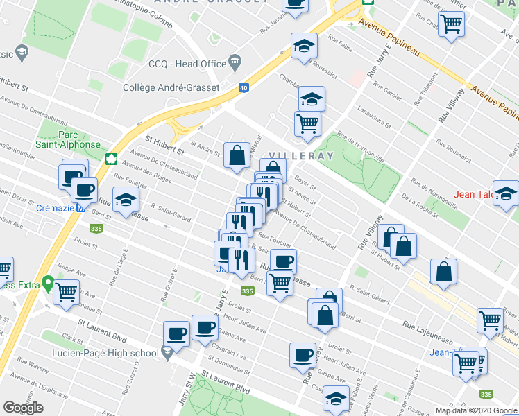 map of restaurants, bars, coffee shops, grocery stores, and more near 8100 Avenue De Chateaubriand in Montréal