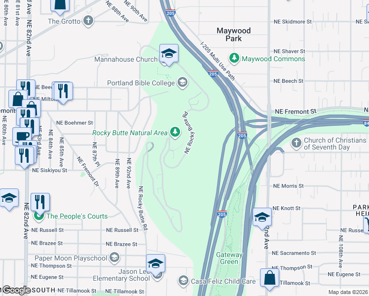 map of restaurants, bars, coffee shops, grocery stores, and more near 3341 Northeast Rocky Butte Lane in Portland