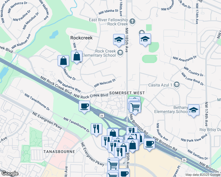 map of restaurants, bars, coffee shops, grocery stores, and more near 18665 Northwest Shadow Lane in Portland