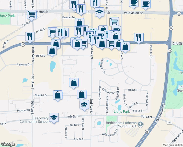 map of restaurants, bars, coffee shops, grocery stores, and more near 355 2nd Avenue South in Waite Park