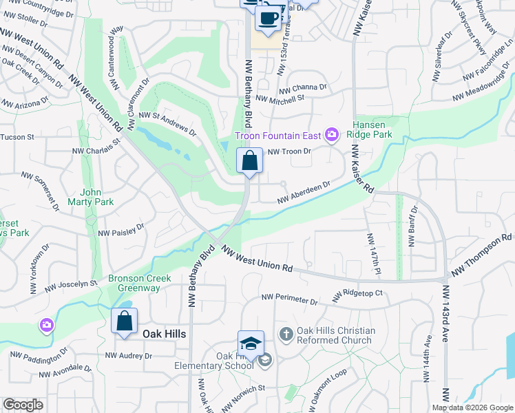 map of restaurants, bars, coffee shops, grocery stores, and more near 15408 Northwest Aberdeen Drive in Portland