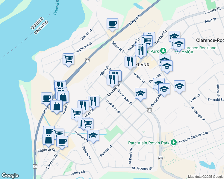 map of restaurants, bars, coffee shops, grocery stores, and more near in Clarence-Rockland