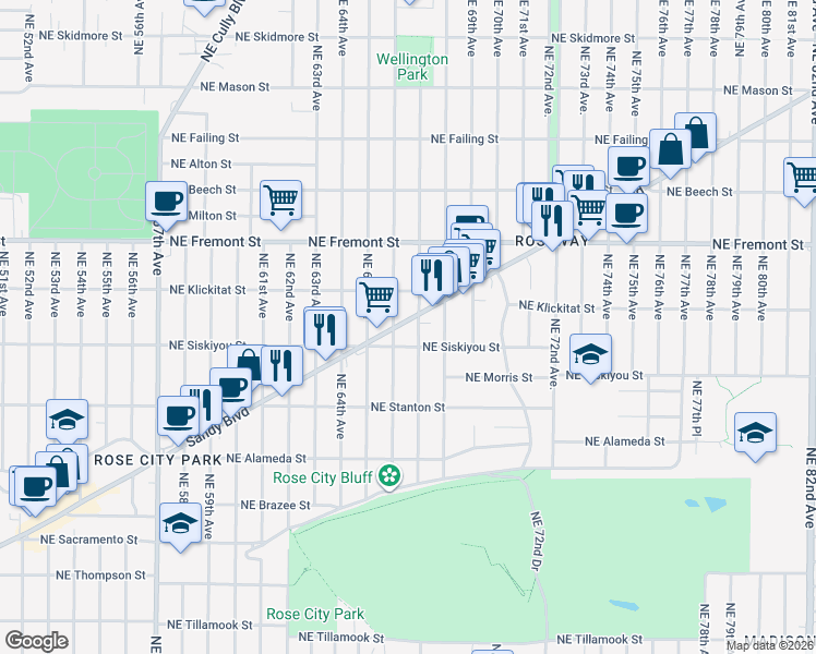 map of restaurants, bars, coffee shops, grocery stores, and more near 6626 Northeast Sandy Boulevard in Portland
