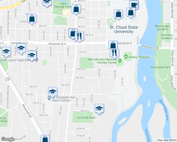 map of restaurants, bars, coffee shops, grocery stores, and more near 710 13th Street South in St. Cloud