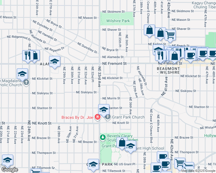 map of restaurants, bars, coffee shops, grocery stores, and more near 3404 Northeast Siskiyou Street in Portland