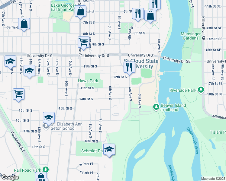 map of restaurants, bars, coffee shops, grocery stores, and more near 530 13th Street South in St. Cloud