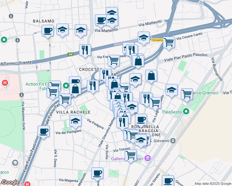 map of restaurants, bars, coffee shops, grocery stores, and more near 15 Via Silvio Pellico in Sesto San Giovanni