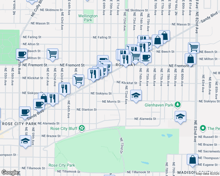 map of restaurants, bars, coffee shops, grocery stores, and more near 3137 Northeast 70th Avenue in Portland