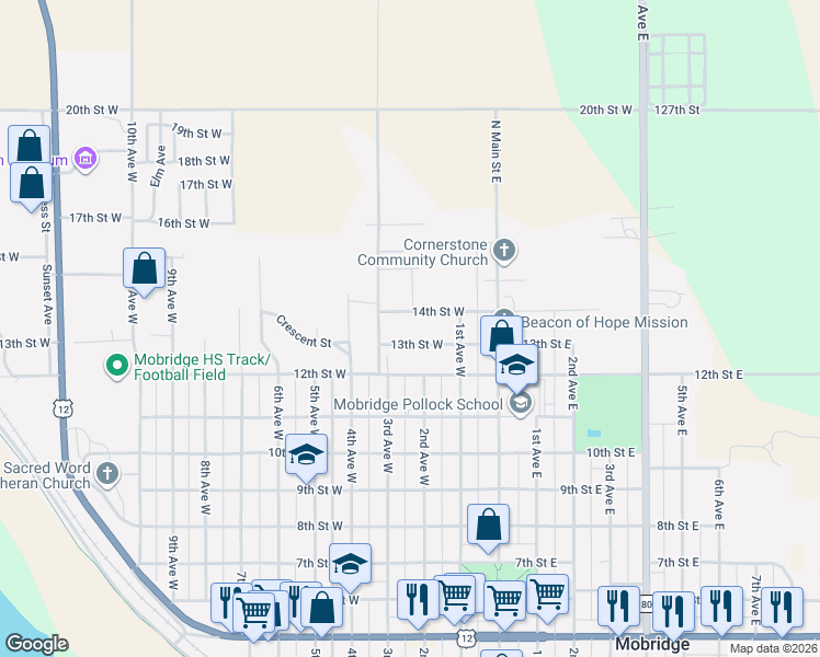 map of restaurants, bars, coffee shops, grocery stores, and more near 1312 1st Avenue West in Mobridge