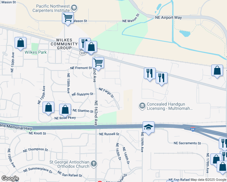 map of restaurants, bars, coffee shops, grocery stores, and more near 16421 Northeast Fargo Circle in Portland