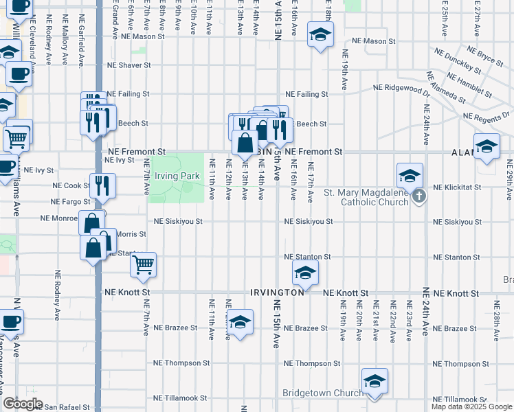 map of restaurants, bars, coffee shops, grocery stores, and more near 3143 Northeast 14th Avenue in Portland