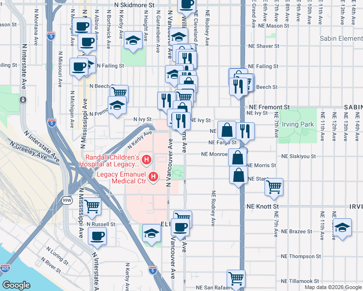 map of restaurants, bars, coffee shops, grocery stores, and more near 3155 North Williams Avenue in Portland