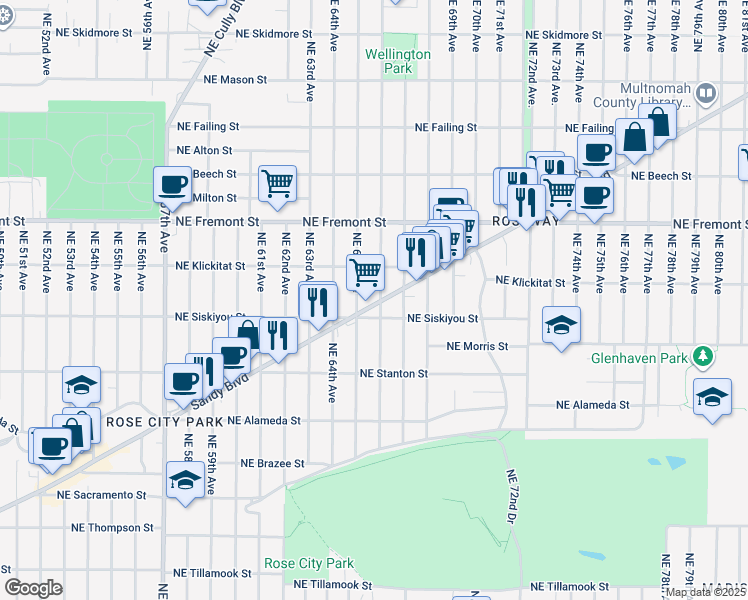 map of restaurants, bars, coffee shops, grocery stores, and more near 6626 Northeast Sandy Boulevard in Portland
