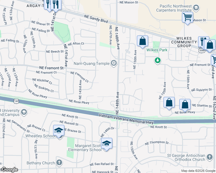 map of restaurants, bars, coffee shops, grocery stores, and more near 3201 Northeast 148th Avenue in Portland