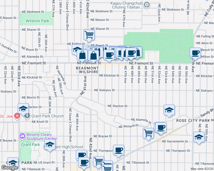 map of restaurants, bars, coffee shops, grocery stores, and more near 3134 Northeast 44th Avenue in Portland